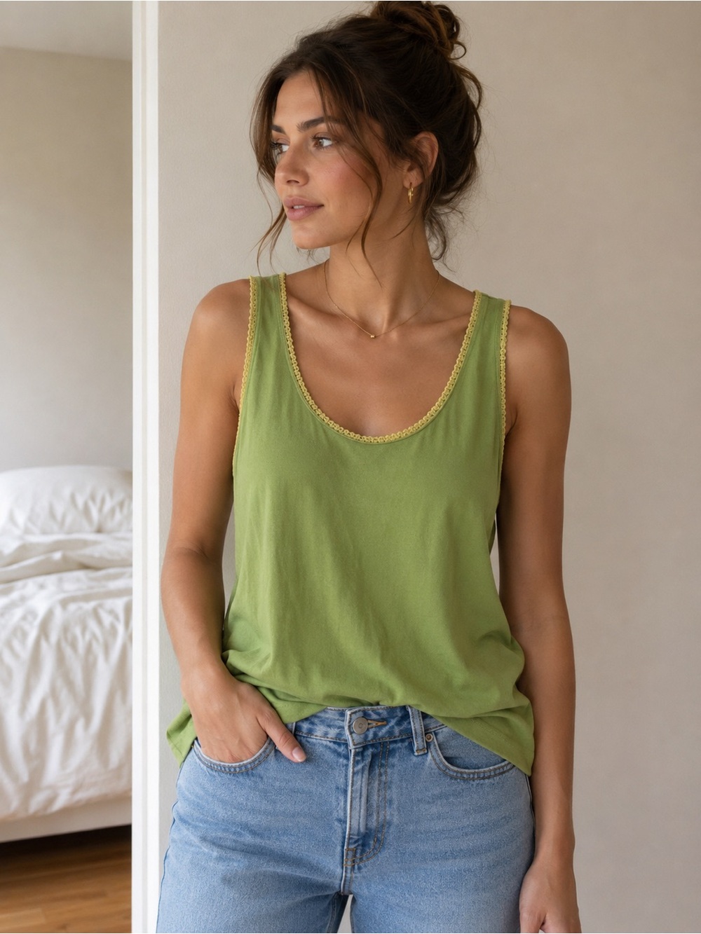 Susan Bristol Lime Lace-Trim Sleeveless Tank